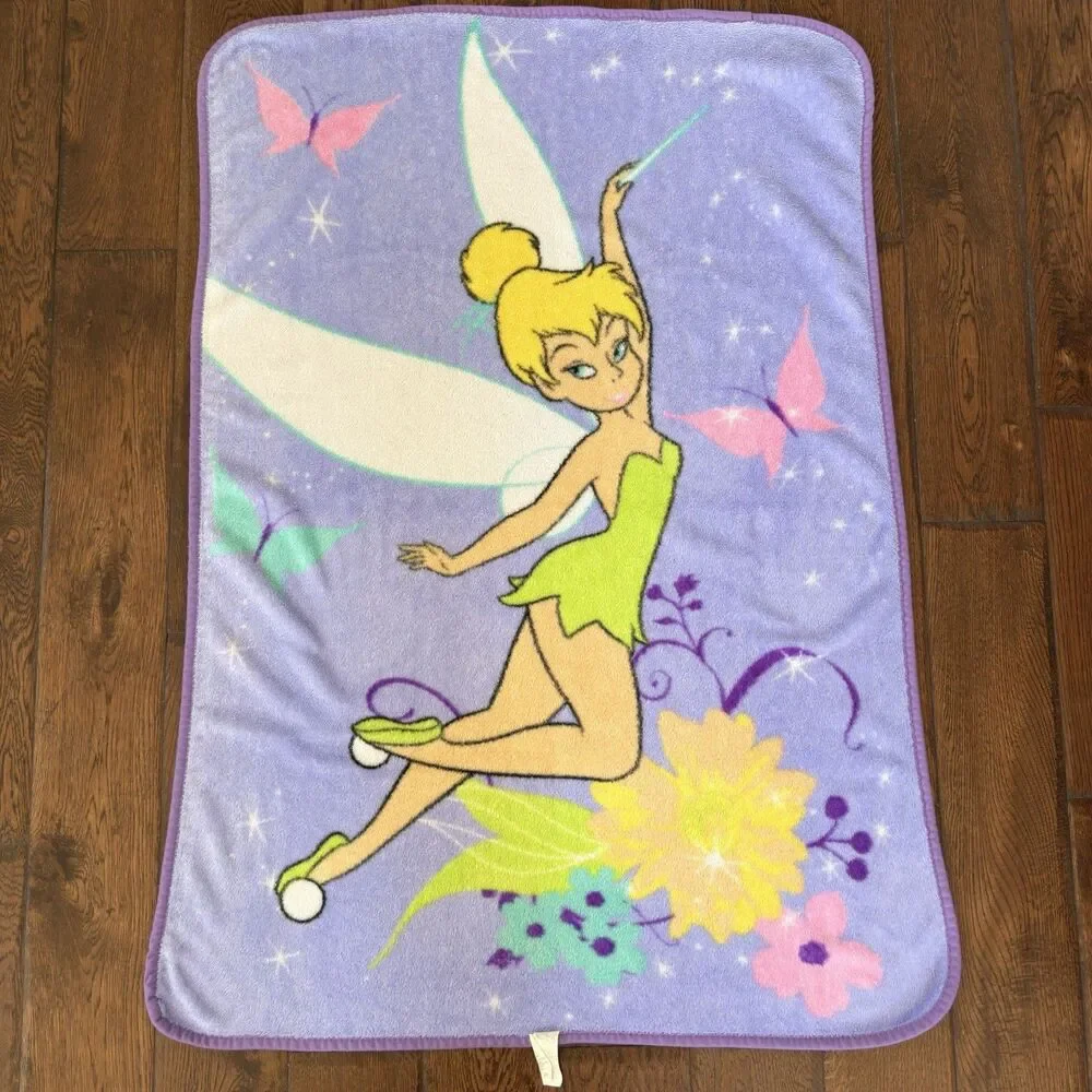 Disney Tinkerbell Fairy Purple Fleece Throw Blanket Butterfly Wand Floral Y2K